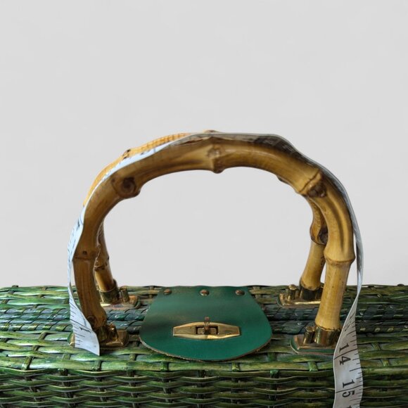 Vintage‎ Green Wicker Rattan Satchel Briefcase Purse Bamboo Handle  14"X10" MCM - Picture 10 of 16